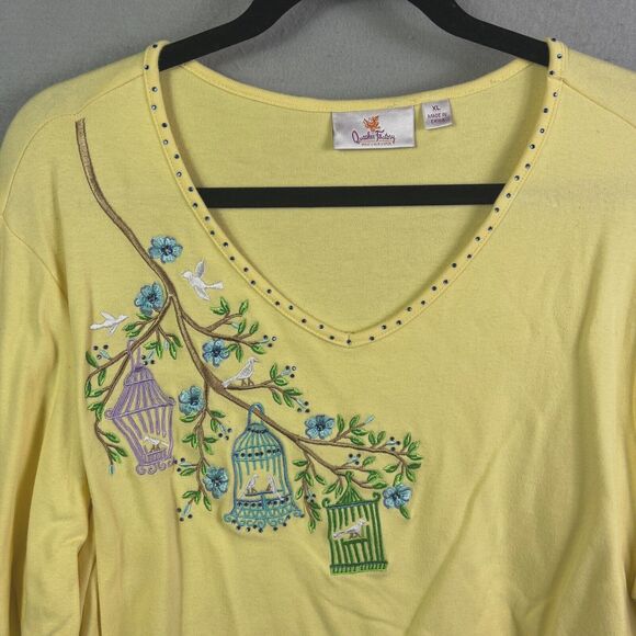 Quacker Factory Birdhouse Sweater Women XL Ruffle Sleeve Rhinestone Blouse - Picture 1 of 8